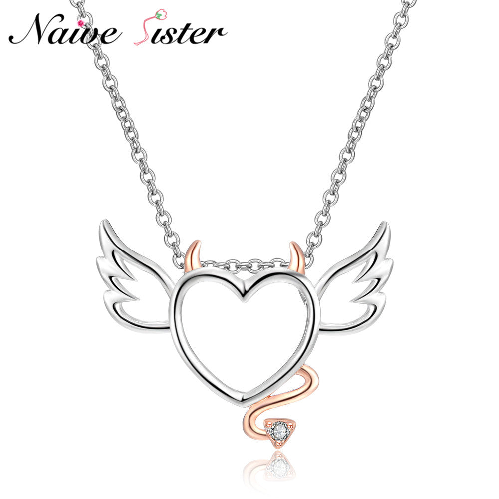 Cute Heart With Wings and Tails Pendants Rose Gold Color Pendant Necklaces For Girl Women Love Statement Jewelry Little Devil