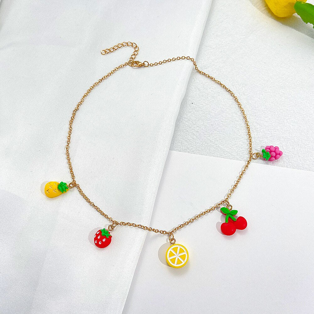 Cute INS Fruit Pendant Necklaces For Teen Girls Colorful Y2k Jewelry Candy Lemo Cherry Choker Chain Necklace For Women Gifts