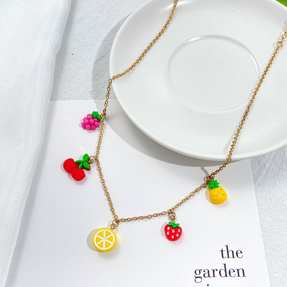 Cute INS Fruit Pendant Necklaces For Teen Girls Colorful Y2k Jewelry Candy Lemo Cherry Choker Chain Necklace For Women Gifts
