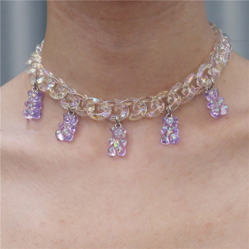 Cute Jelly Necklace Colors Rainbow Pride Bear Gummy Necklaces For Women Girls Cool Punk Hip Hop Resin Necklaces Accessories