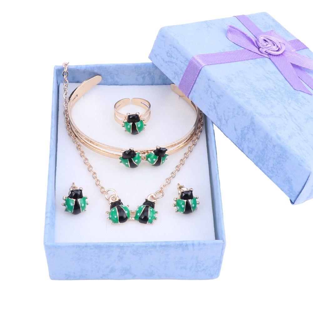 Cute Ladybug Baby and Kids Jewelry Sets Gold Color Children Dubai Jewelry Set Necklace Bracelet Earrings Ring Jewellery
