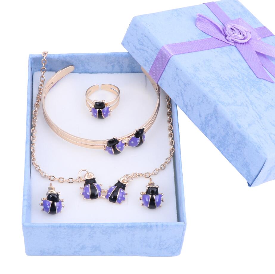 Cute Ladybug Baby and Kids Jewelry Sets Gold Color Children Dubai Jewelry Set Necklace Bracelet Earrings Ring Jewellery