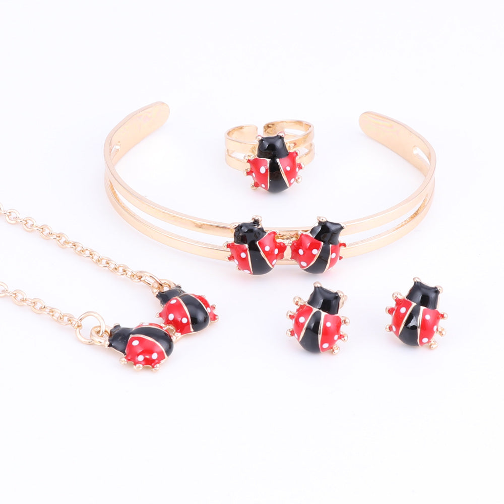 Cute Ladybug Baby and Kids Jewelry Sets Gold Color Children Dubai Jewelry Set Necklace Bracelet Earrings Ring Jewellery