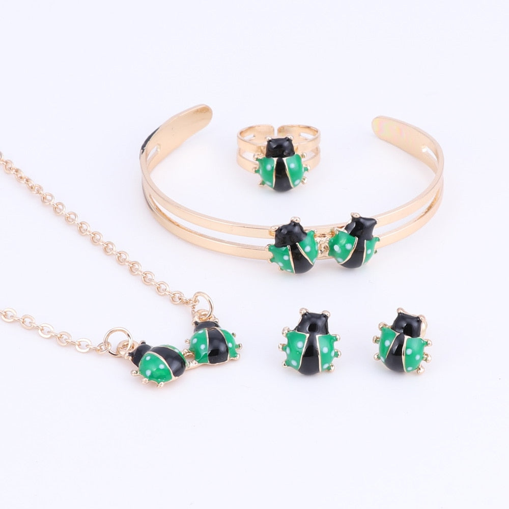 Cute Ladybug Baby and Kids Jewelry Sets Gold Color Children Dubai Jewelry Set Necklace Bracelet Earrings Ring Jewellery