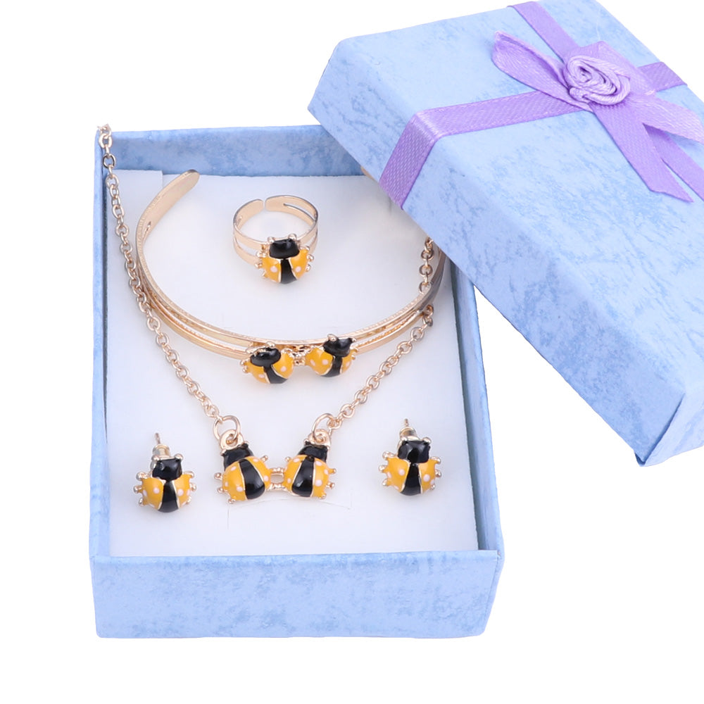 Cute Ladybug Baby and Kids Jewelry Sets Gold Color Children Dubai Jewelry Set Necklace Bracelet Earrings Ring Jewellery