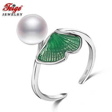 Cute Leaf 925 Silver Pearl Ring for Women Party Jewelry Accessories Gifts 8-9MM White Pearl Rings Dropshipping FEIGE