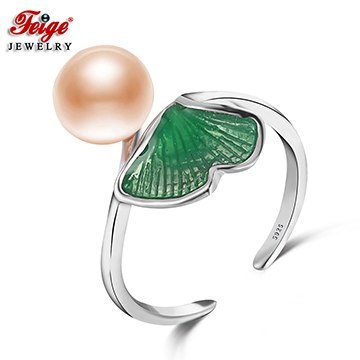 Cute Leaf Pearl Ring for Women Party Jewelry Accessories Gift 8-9MM Pink Pearl 925 Silver Rings Dropshipping FEIGE