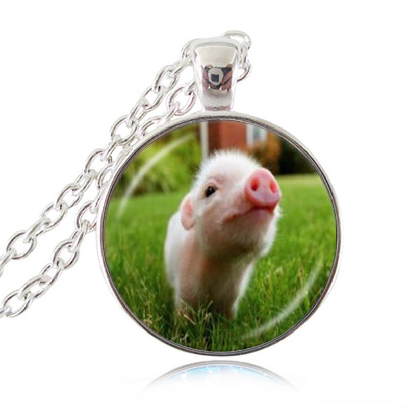 Cute Little Baby Pig Necklace Piggy Pendant Animal Jewelry Glass Cabochon Sweater Necklace Long Chain Statement Necklace HZ1