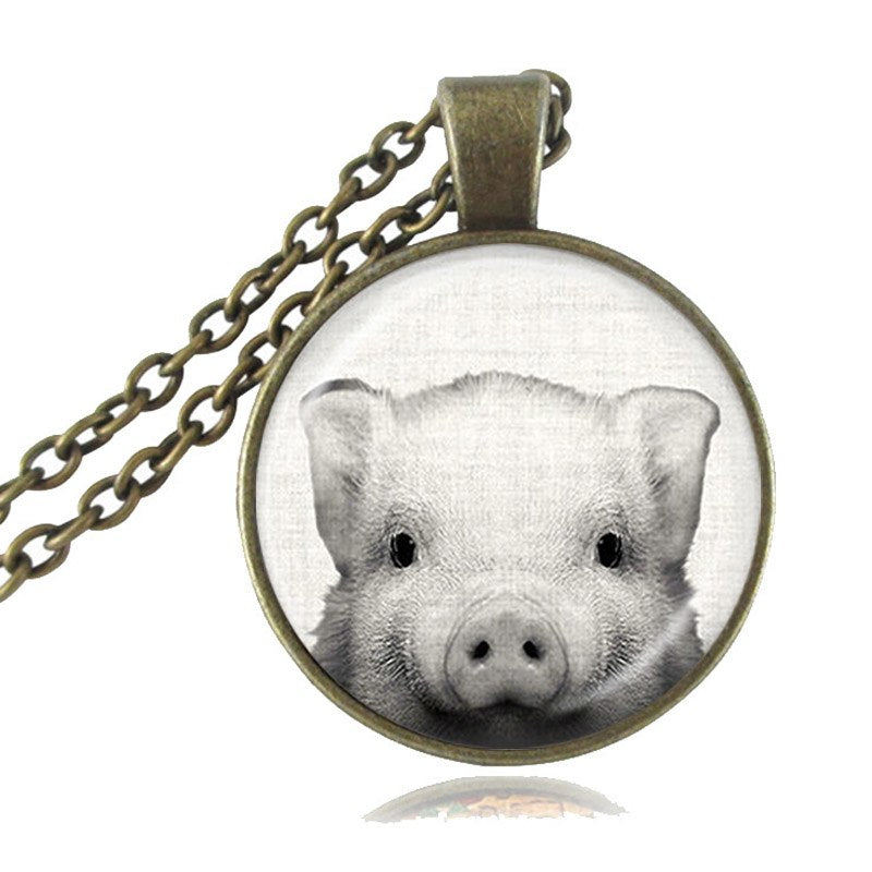 Cute Little Baby Pig Necklace Piggy Pendant Animal Jewelry Glass Cabochon Sweater Necklace Long Chain Statement Necklace HZ1