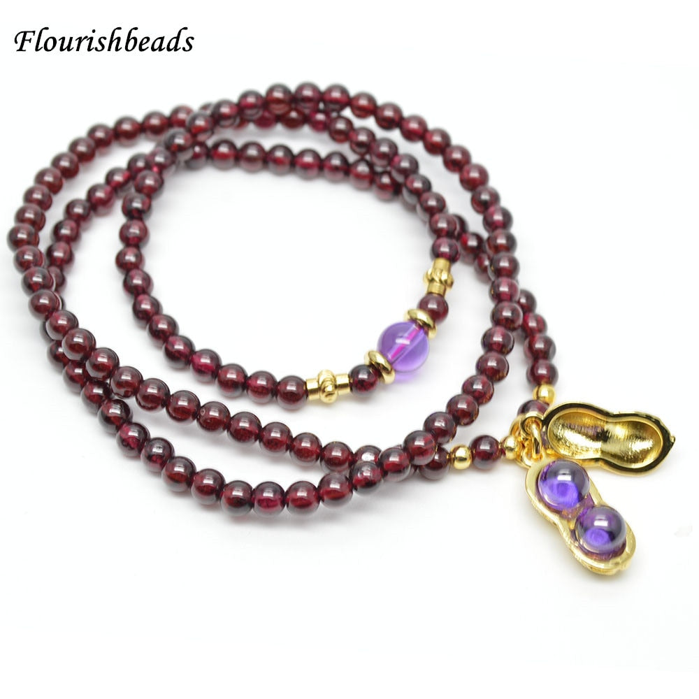 Cute Metal Peanut Charm Natural Garnet Stone Round Beads Multi Rows Wrapped Stretch Bracelets Fashion Woman Party Jewelry