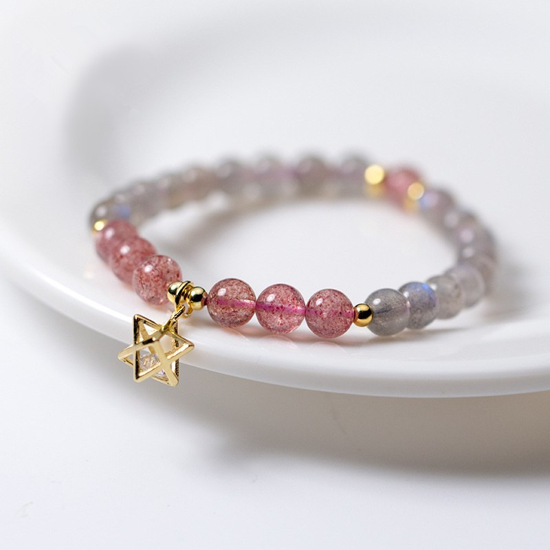 Cute Natural Moonstone and Strawberry Quartz Bracelet 925 Sterling Sliver Six Awn Star Pendant Bracelet for Women Jewelry