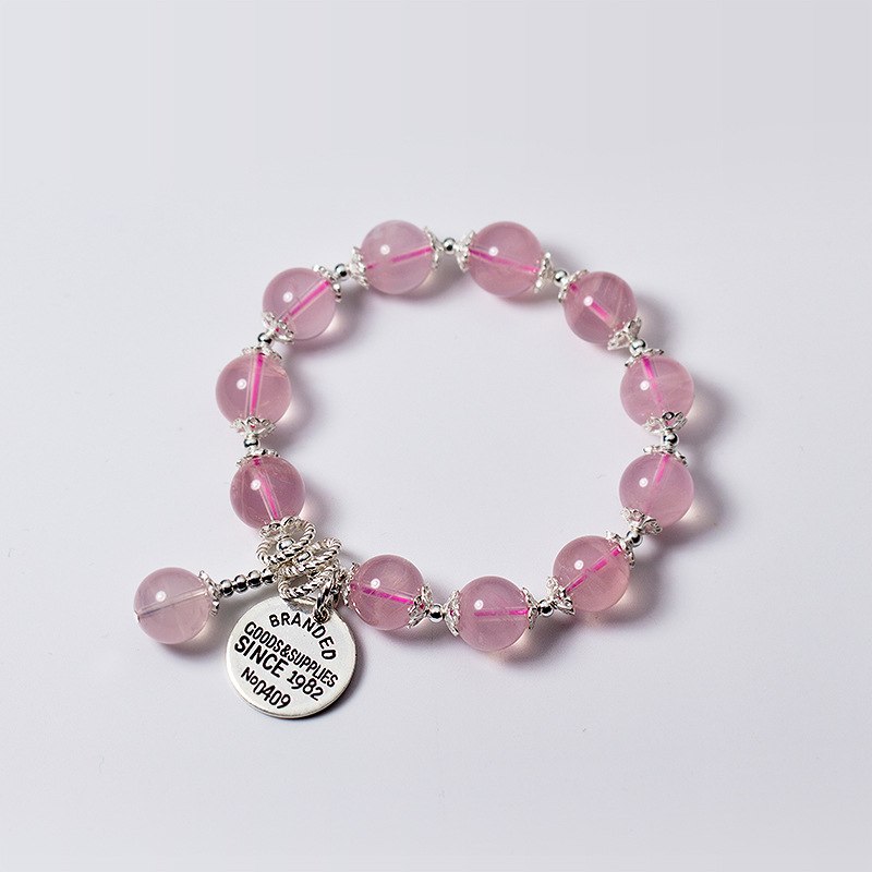 Cute Natural Pink Ross Quartz Beads Bracelet 925 Sterling Sliver English Round Pendant Stretch Bracelet Jewelry for Women