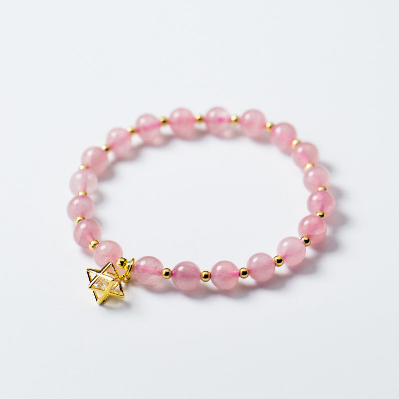 Cute Natural Pink Ross Quartz Beads Bracelet 925 Sterling Sliver Six Awn Star Pendant Bracelet for Women DIY Fine Jewelry