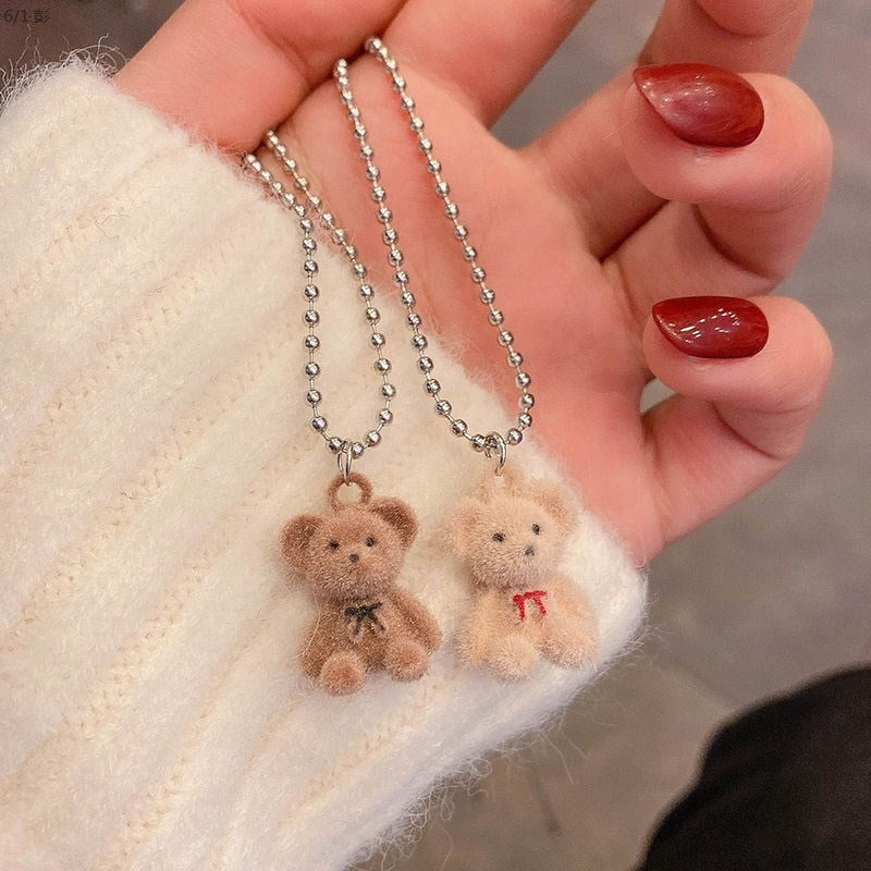 Cute Plush Bear Pendant Necklace for Girls Women Korean Bear Long Sweater Neck Chain Necklaces Cute Collar Jewelry
