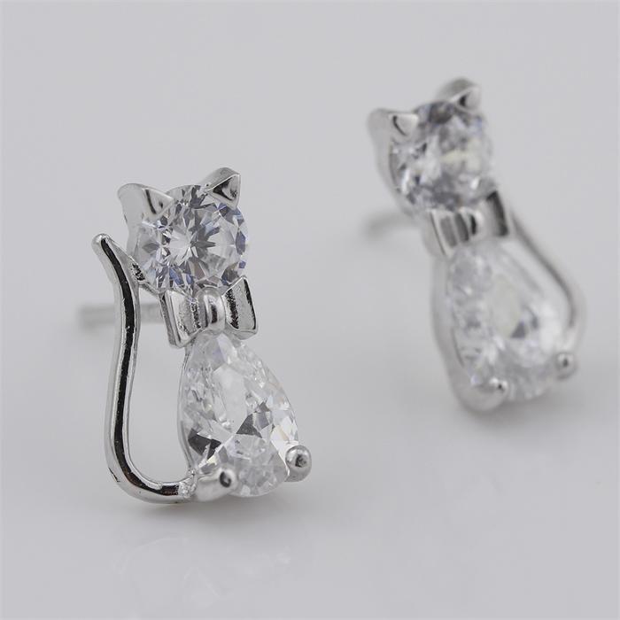 Cute Pure Real 925 Sterling Silver Kitty Cat Paved Cubic Zirconia CZ Stud Earrings Bijoux Women Girls Kids Jewelry Hot Gift
