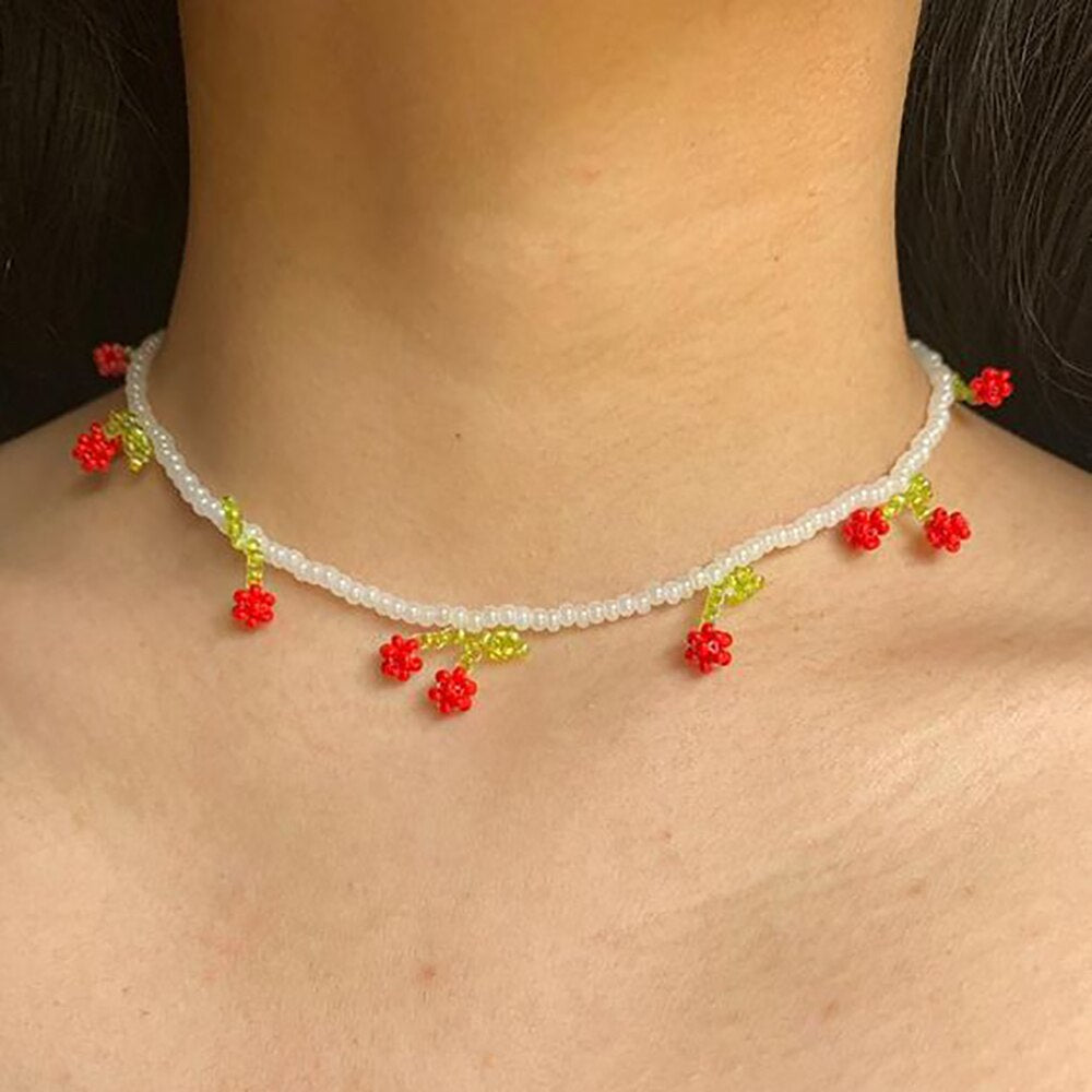 Cute Red Cherry Choker Necklace For Women Girls Korean Fruit Transparent Beads Necklaces 2021 Trend Jewelry Gift