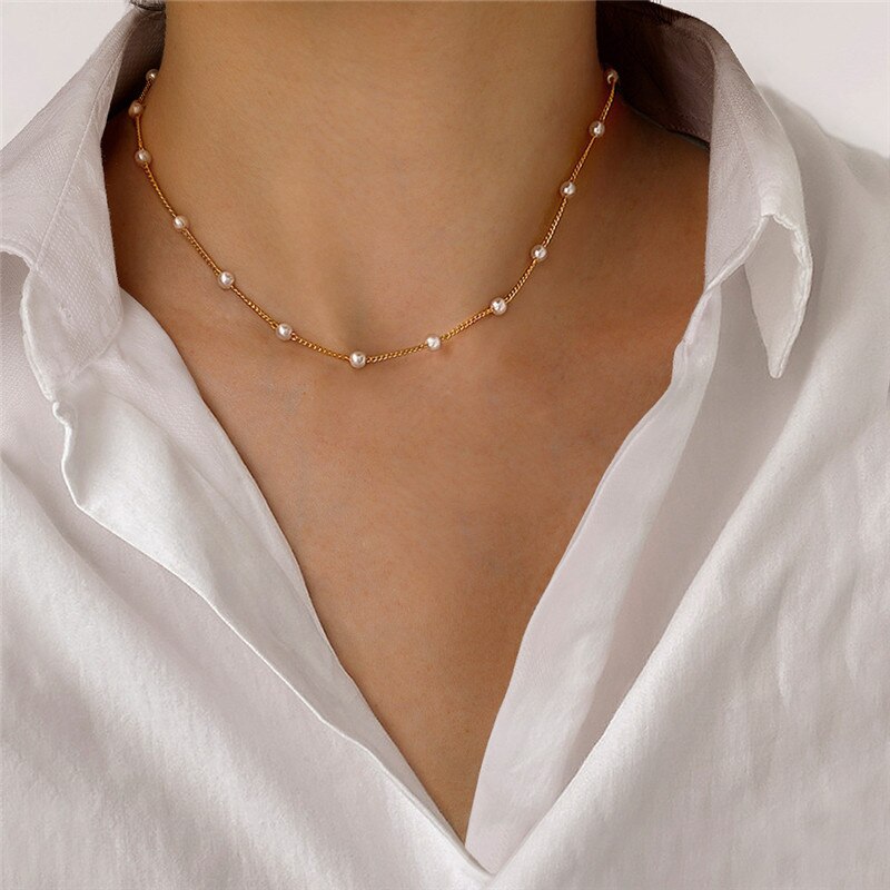 Cute Romantic Choker For Women Simple Beads Short Necklace Elegant Golden Silver Color Necklace Gift For Girl