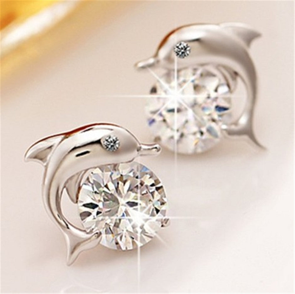Cute Romantic Dolphin Love Stud Earrings For Women High Quality 925 Jewelry Silver Plated Round Cut AAA Zircon Brinco Bijoux