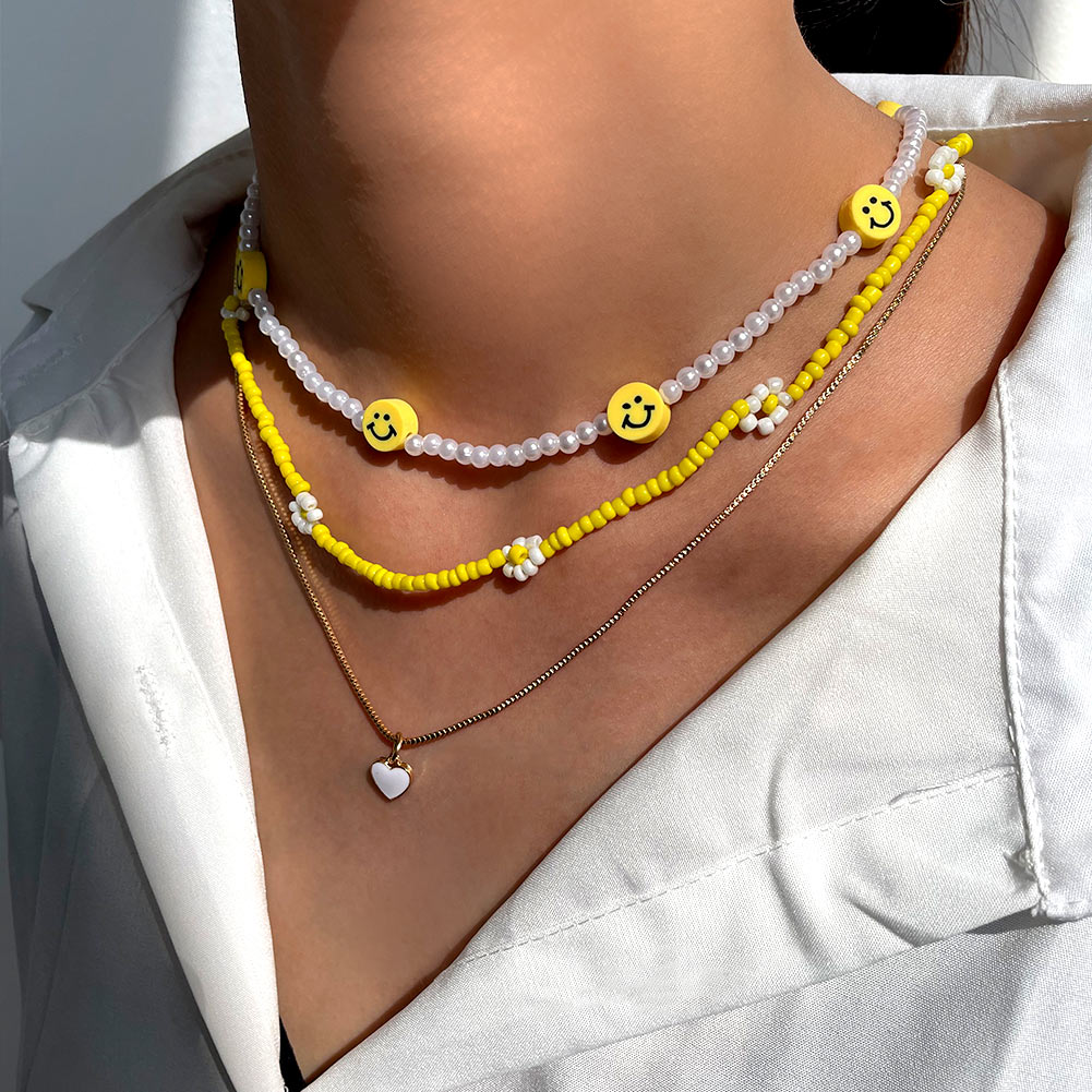 Cute Smiley Face Handmade Beaded Choker Necklace For Women Love Heart Pearls Flowers Long Chain Necklace Summer Beach Jewelry