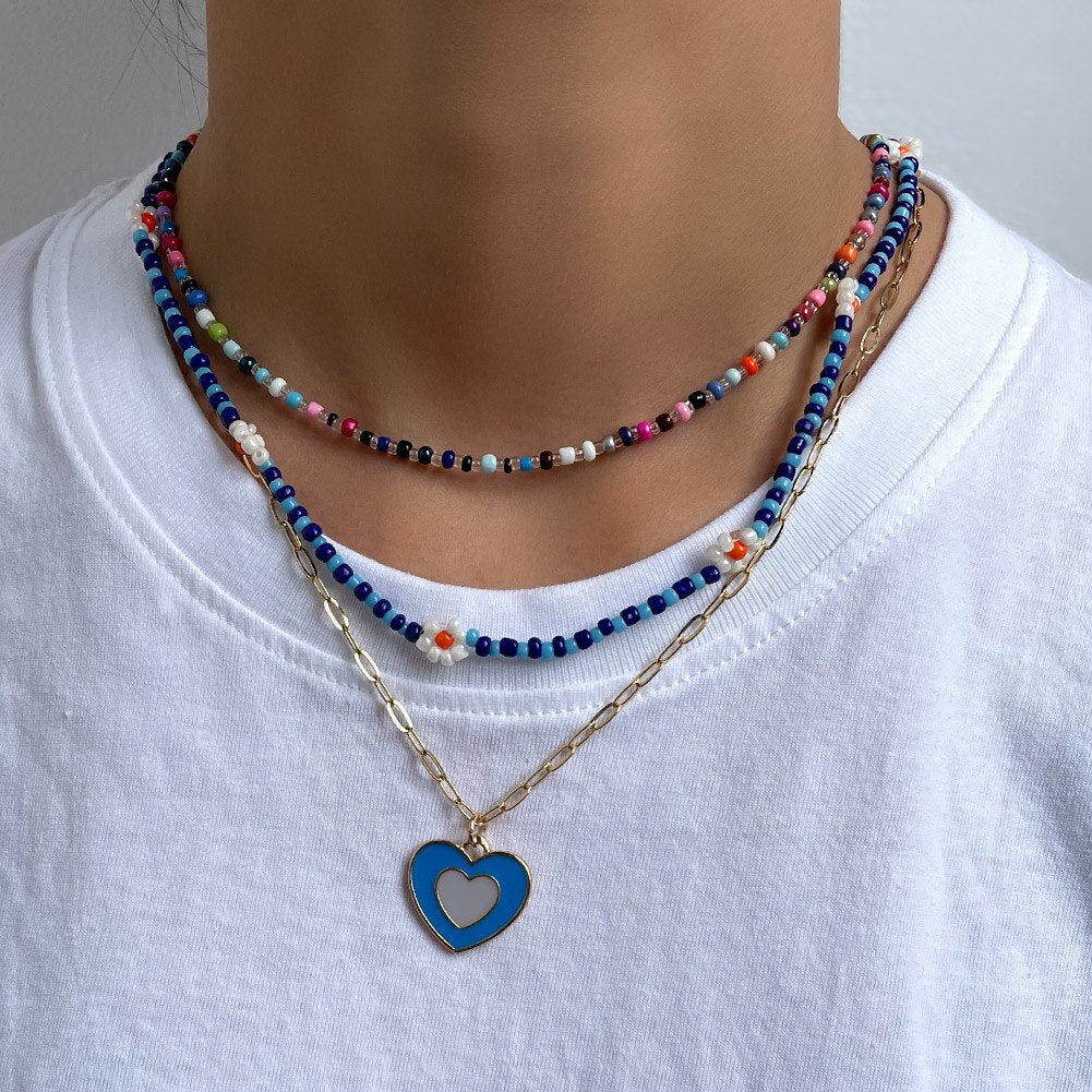 Cute Smiley Face Handmade Beaded Choker Necklace For Women Love Heart Pearls Flowers Long Chain Necklace Summer Beach Jewelry