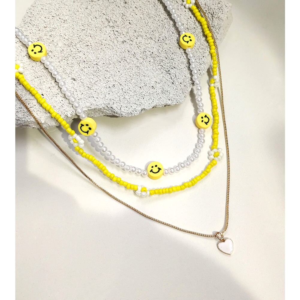 Cute Smiley Face Handmade Beaded Choker Necklace For Women Love Heart Pearls Flowers Long Chain Necklace Summer Beach Jewelry