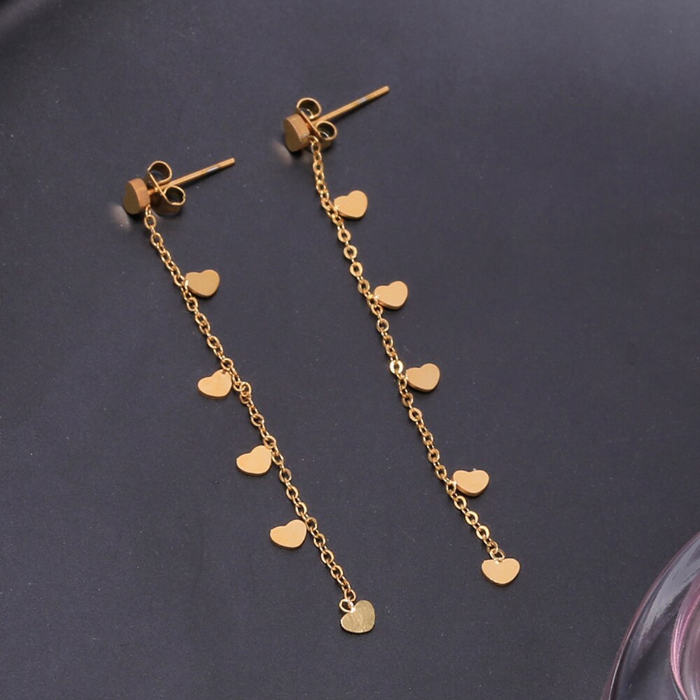 Cute Stainless Steel Earrings For Woman Gold Silvery Small Hearts Long Thin Tassel Chain Drop Earring Female Jewelry New