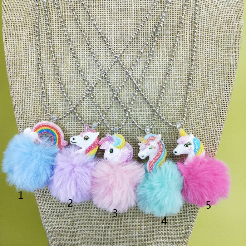 Cute Unicorn Rainbow Plush Ball Pendants Necklace Child Charms Chain Necklace For Baby Party Girls Gifts