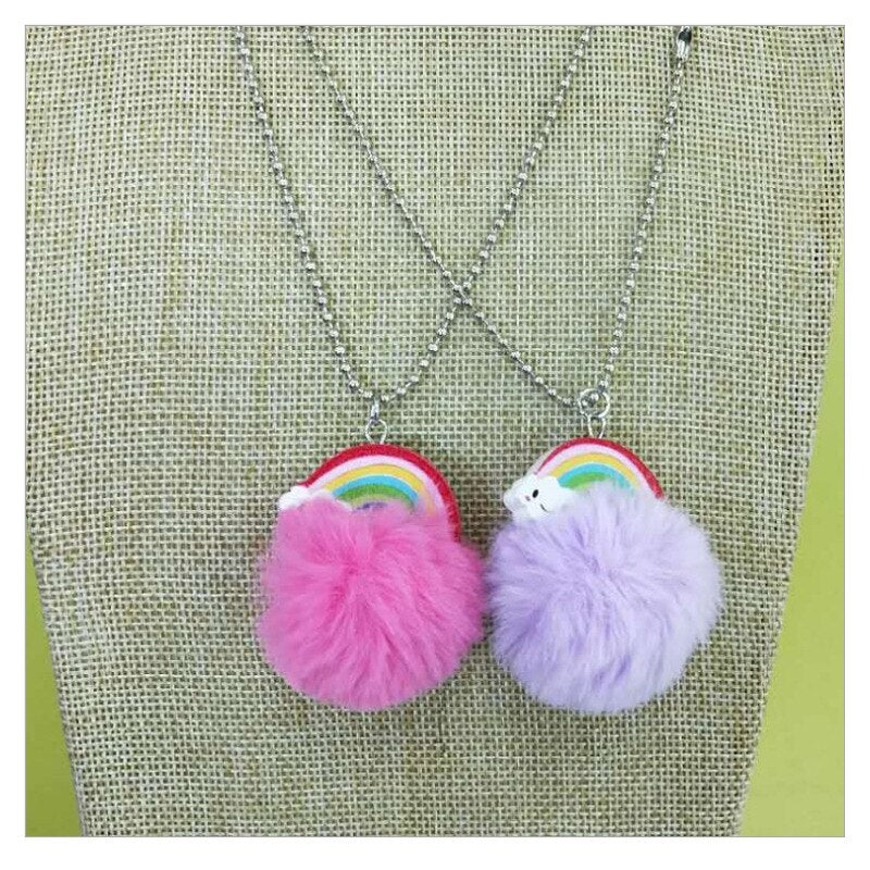 Cute Unicorn Rainbow Plush Ball Pendants Necklace Child Charms Chain Necklace For Baby Party Girls Gifts