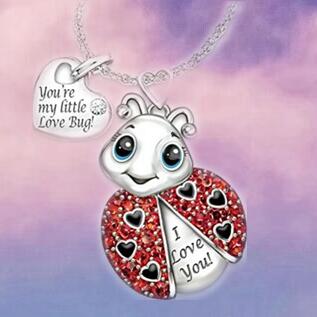 Cute You're My Little Love Bug Engraved Heart Ladybug Pendant Necklaces Cartoon Rhinestone Ladybug Charm Lovely Jewelry Gift