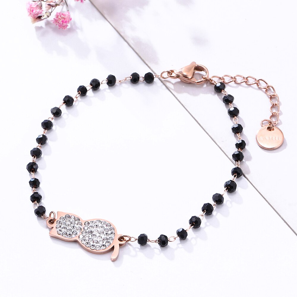 Cute Zircon Cat Charm Beaded Bracelet for Women Adjustable Rose Gold Stainless Steel Chain Bracelets Jewelry Girls Daily Gifts