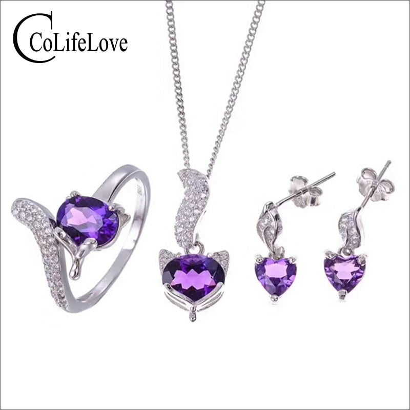 Cute silver fox jewelry set natural VVS amethyst gemstone jewelry set fashion 925 sterling silver amethyst jewelry romantic gift