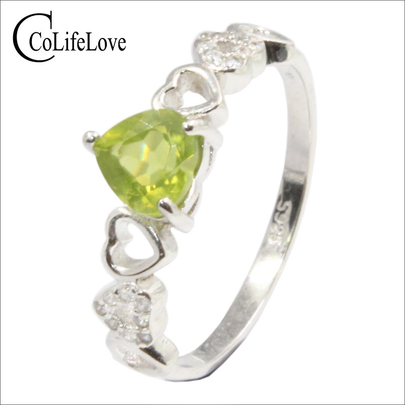 Cute silver heart ring for girl 6 mm natural peridot silver ring solid 925 sterling silver gemstone ring for engagement