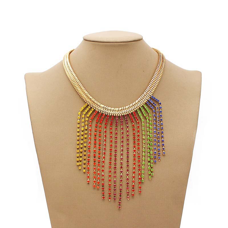 D&D Bohemian Big Rhinestone Necklace Choker Crystal Gem Statement Necklace Tassel Chocker Necklace Pendants Women Jewelry