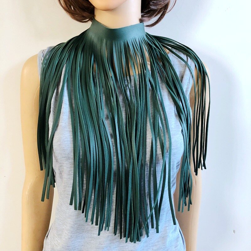 D&D High Street Leather Tassel Necklaces For Women  Long Necklace Black Green Leather Chains Dress