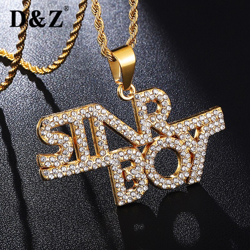D&Z Personality Iced Out Rhinestone Letters Necklace Gold Color Bling Bling Word Pendant Necklace For Boys