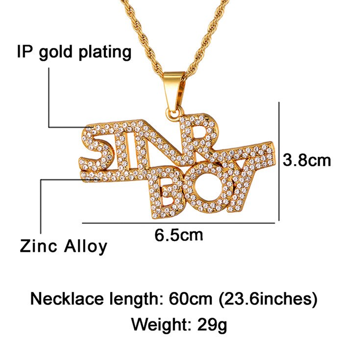 D&Z Personality Iced Out Rhinestone Letters Necklace Gold Color Bling Bling Word Pendant Necklace For Boys