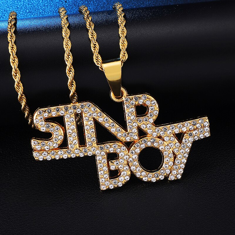 D&Z Personality Iced Out Rhinestone Letters Necklace Gold Color Bling Bling Word Pendant Necklace For Boys