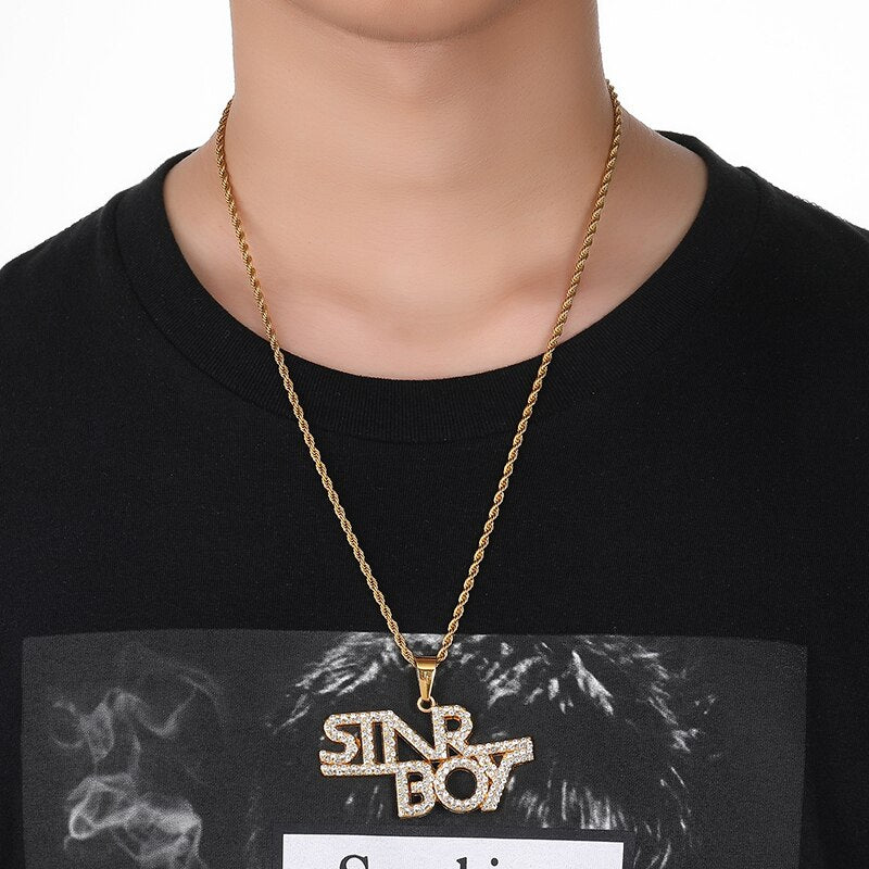 D&Z Personality Iced Out Rhinestone Letters Necklace Gold Color Bling Bling Word Pendant Necklace For Boys
