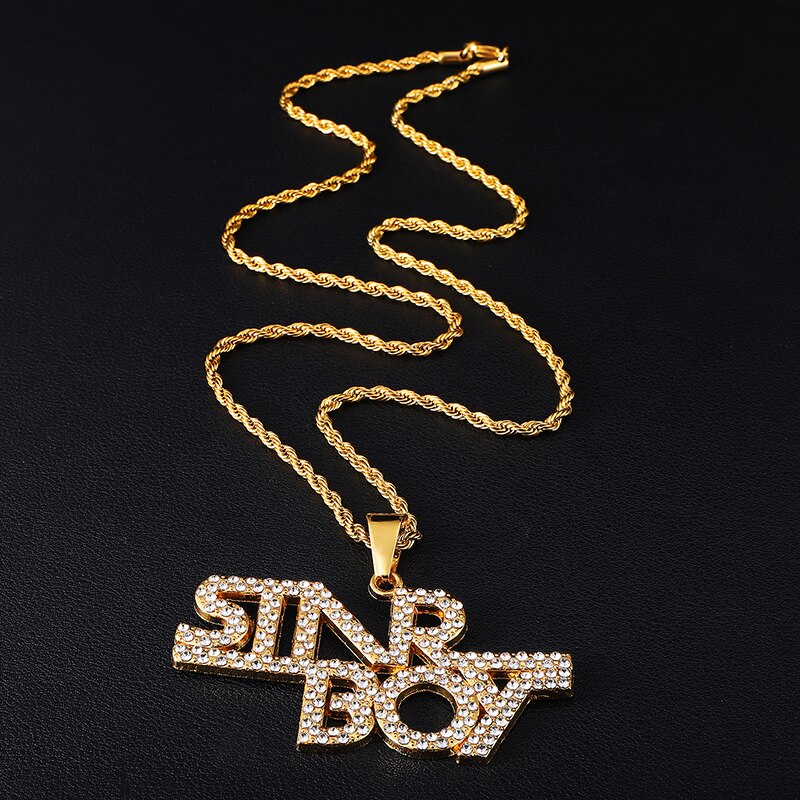 D&Z Personality Iced Out Rhinestone Letters Necklace Gold Color Bling Bling Word Pendant Necklace For Boys
