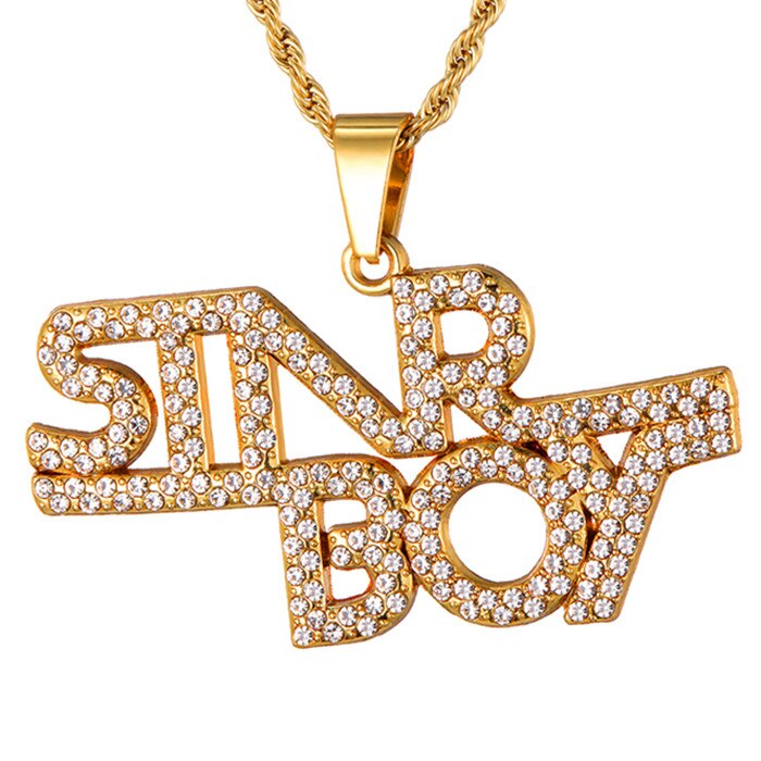 D&Z Personality Iced Out Rhinestone Letters Necklace Gold Color Bling Bling Word Pendant Necklace For Boys