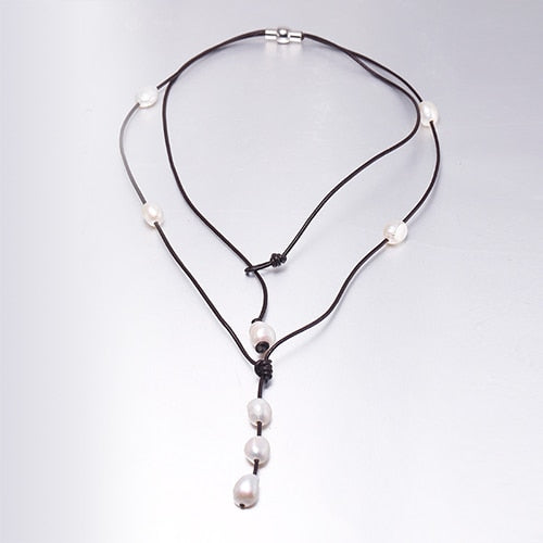 10-11mm Baroque Pearl Necklace White Pearl & Leather Necklace For Woman
