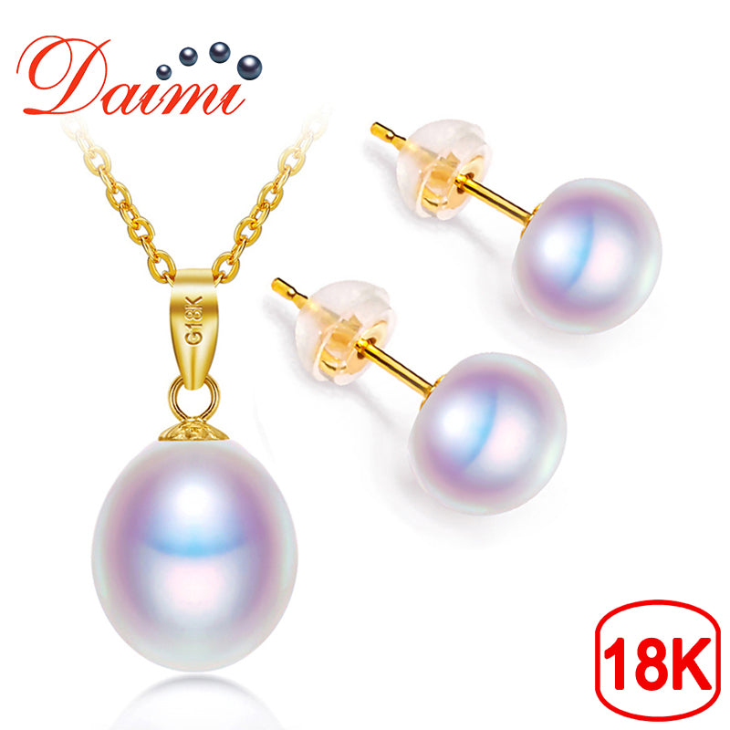 18K Gold Pearl Set 8-9mm Pendant Necklace Studs Earrings Pearl Jewelry Sets