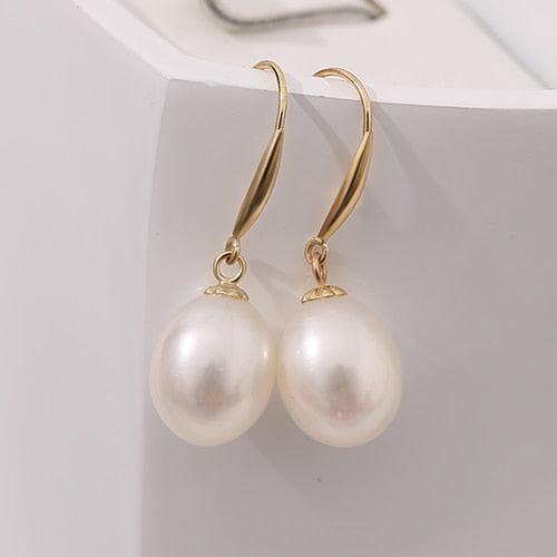 18k Gold Hook Earrings White Pearl Earrings 8-9mm 18k Yellow Gold High Quality Brand Jewelry For Women