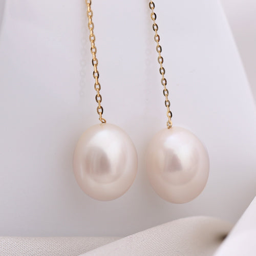 18k Gold Long Earrings Brown Pearl Drop Earrings 8-9mm 18k Yellow Gold Chain Earrings High Quality Brand Jewelry
