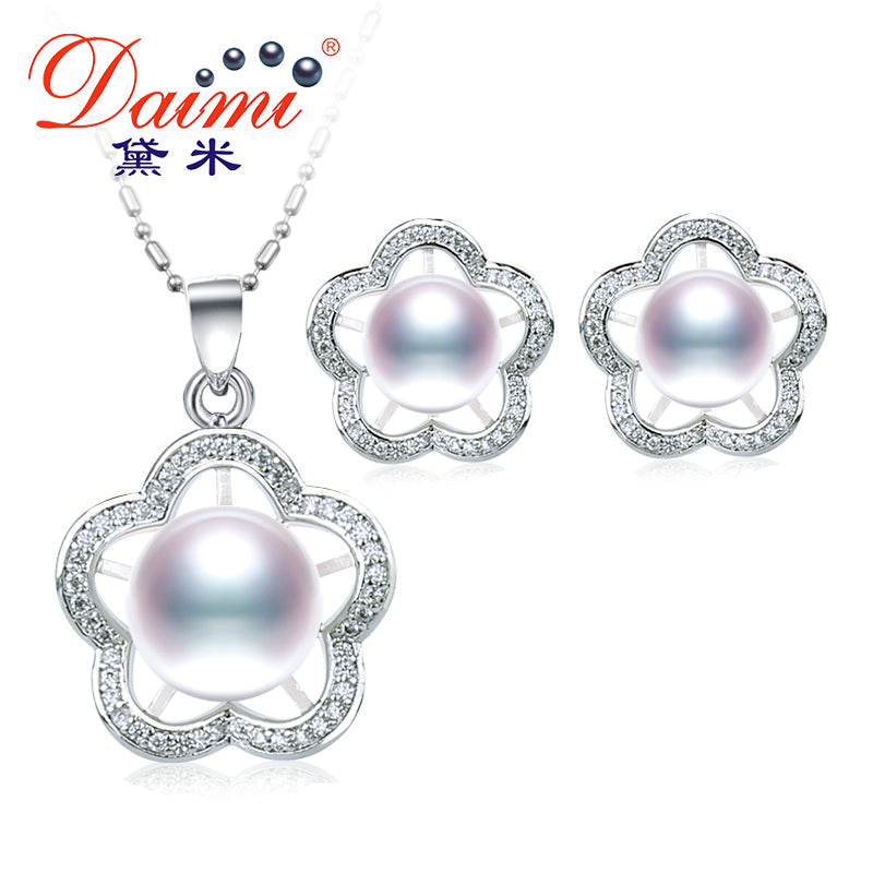 2020 New Flower Jewelry Set 7-8mm, 9-10mm Pearl Set Pendant Earrings Pentagonal Flower Jewelry