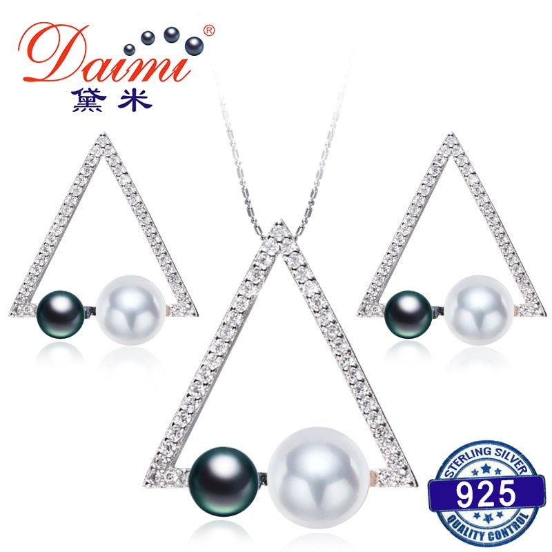 2020 New Geometry Jewelry Set 4-5mm,6.5-7mm Pearl Set Pendant Earrings White Black Triangle Jewelry