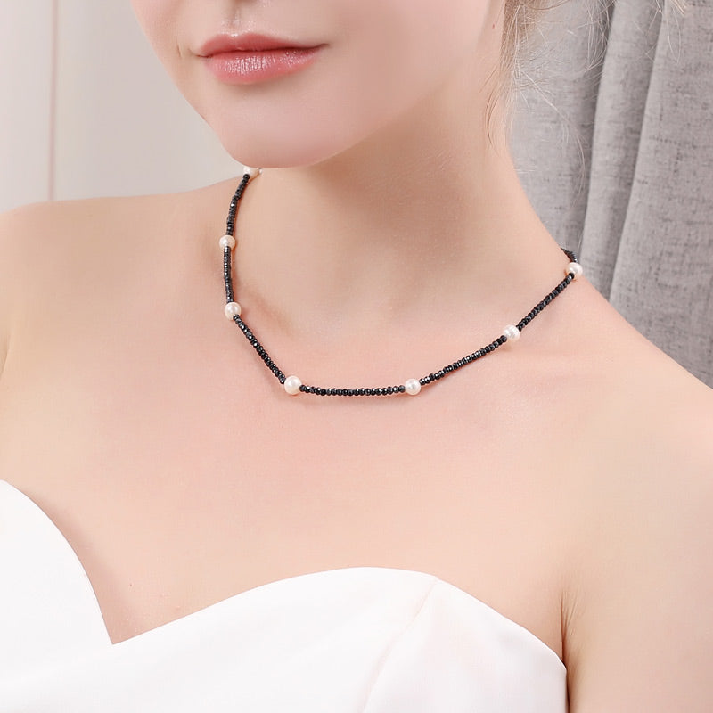 6-7mm White Pearl with 3mm Gun Blue Crystal Necklace Choker Necklace Christmas Gift Jewelry