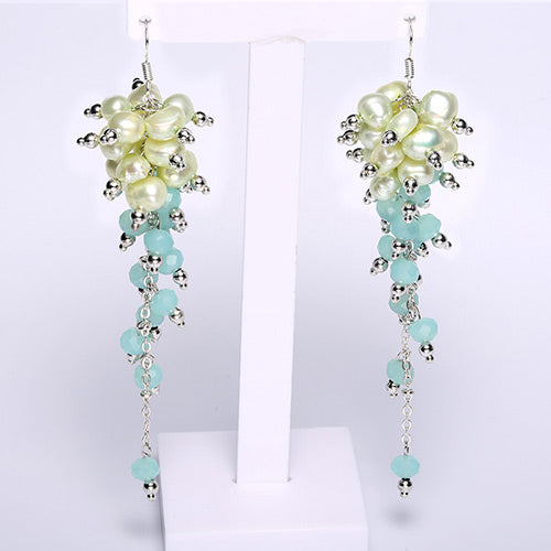 8.5cm Long Tassels Earrings Crystal & Pearl Earrings Party Style