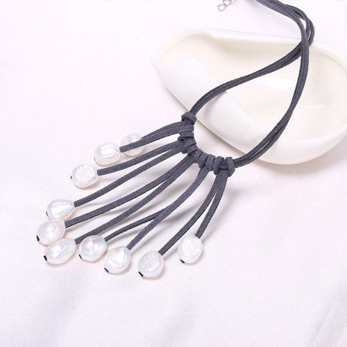 9-10mm Baroque Pearl Necklace White Color & Leather Women Necklace