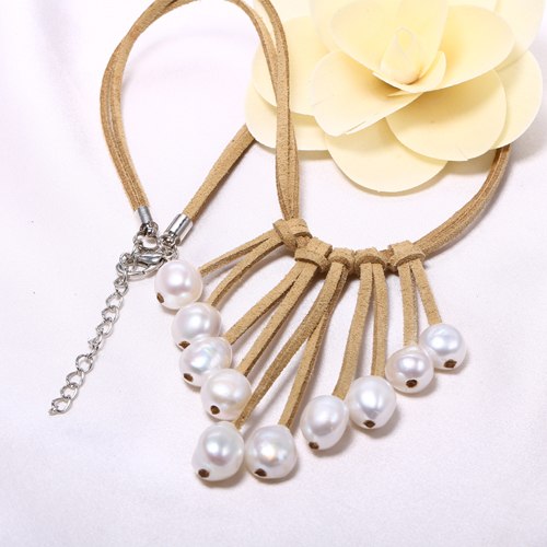 9-10mm Baroque Pearl Necklace White Color & Leather Women Necklace